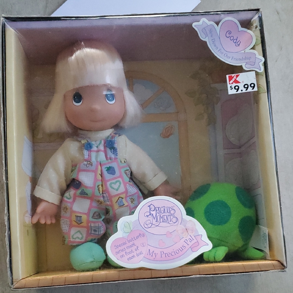 Precious Moments Doll with Heart Overalls and Green Turtle